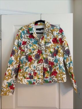 Boston Proper Cream Baroque Floral Jacket with Teal and Red Accents